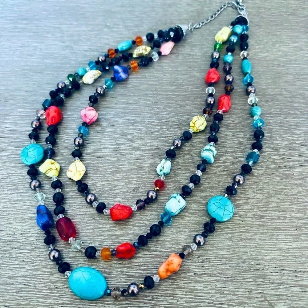 Rainbow Stone Beaded Multicolor Boho Statement Necklace